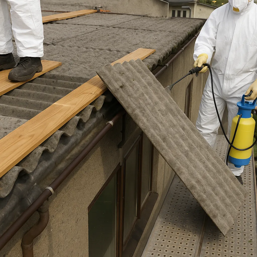 A roof sheet being damped down with a hand sprayer