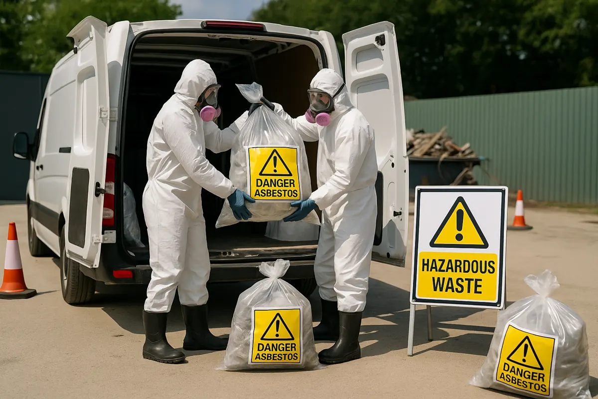 Workers in coveralls loading clear bags marked Danger Asbestos into a van next to a hazardous waste sign