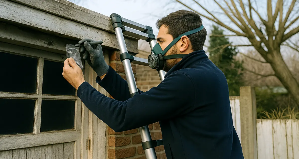 A surveyor on a ladder taking a sample from the frame of an outbuilding window