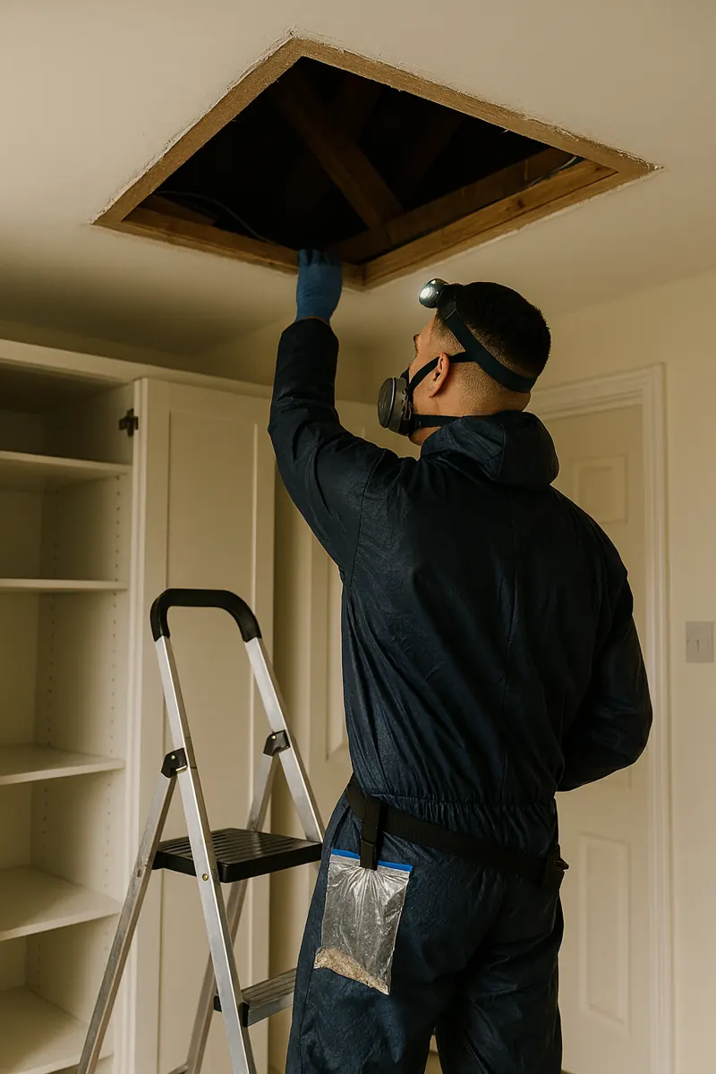 A surveyor wearing a respirator and head torch checking inside a loft hatch from a stepladder