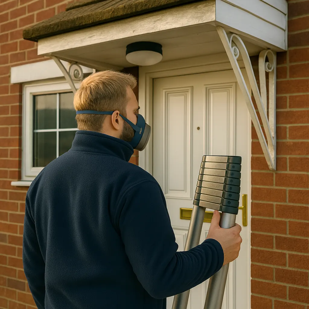 A surveyor with a ladder at the porch canopy of a brick house