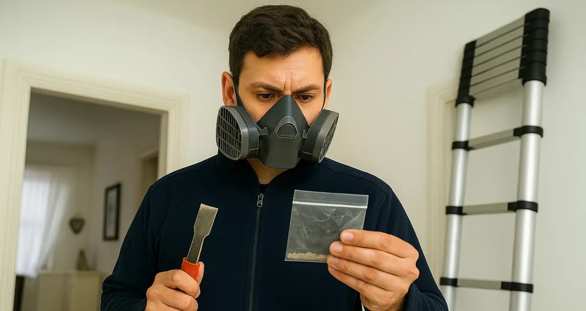 A surveyor in a half-mask respirator holding a scraper and a sealed sample bag inside a house