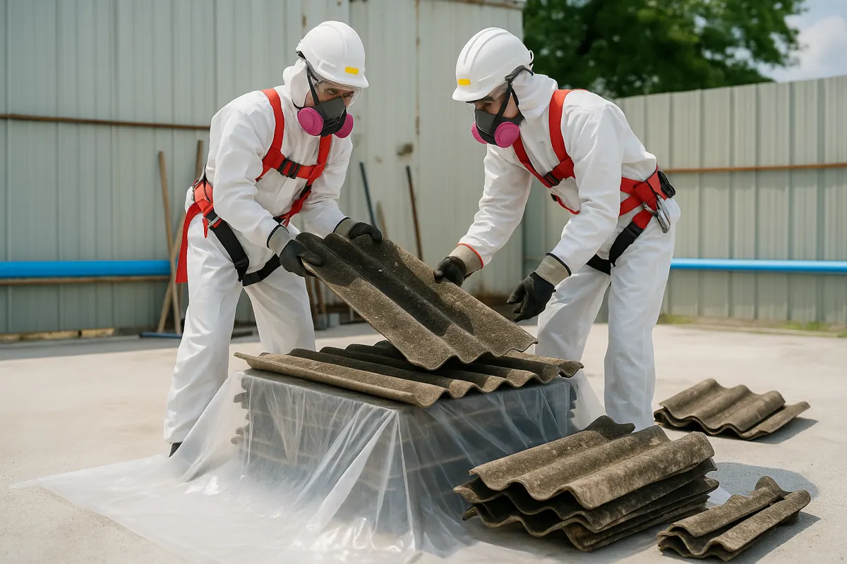 Two workers in coveralls and safety harnesses stacking corrugated cement sheets onto heavy polythene