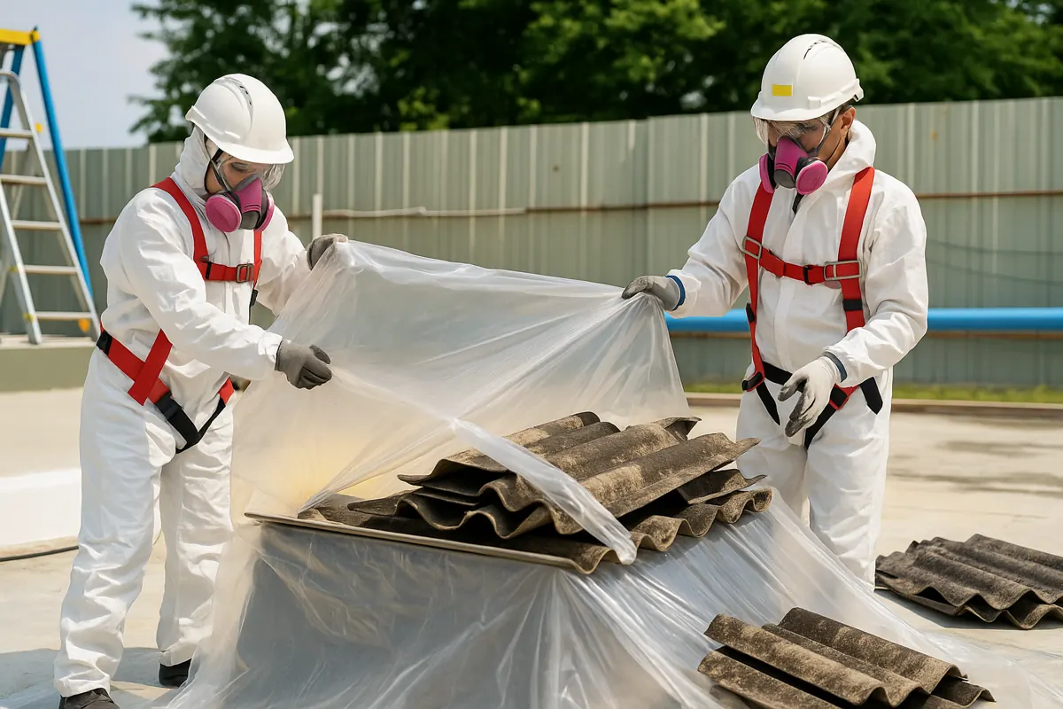 Two workers wrapping a stack of corrugated sheets in polythene sheeting on a site